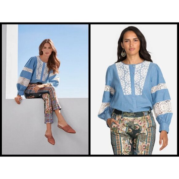 💕JOHNNY WAS💕 Thalassa Pieced Button-down Shirt Lace Detail Chambray Blue NWT - Picture 1 of 16